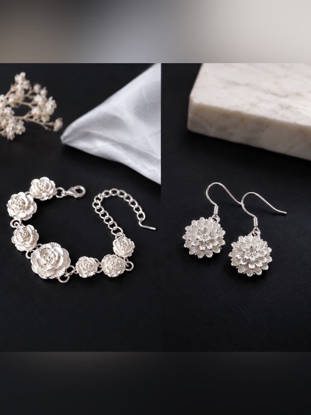 Floral Link Silver-Tone Bracelet with Matching Earrings - Silver